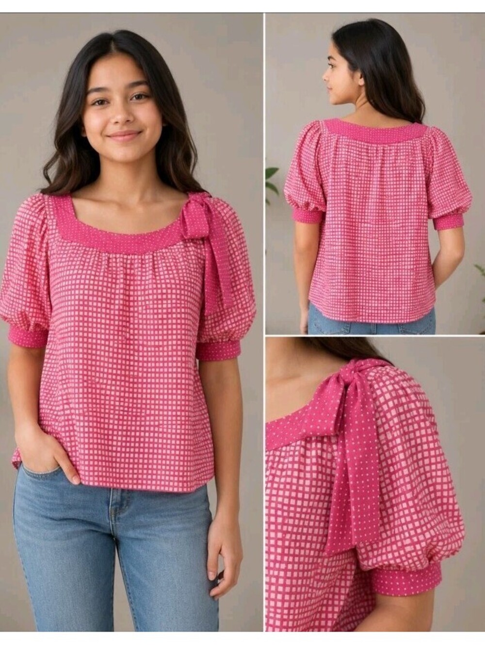 Ellen Tracy Women's Blouse Size 0 Pink Checkered Puff Sleeve Bow Detail Top #C
